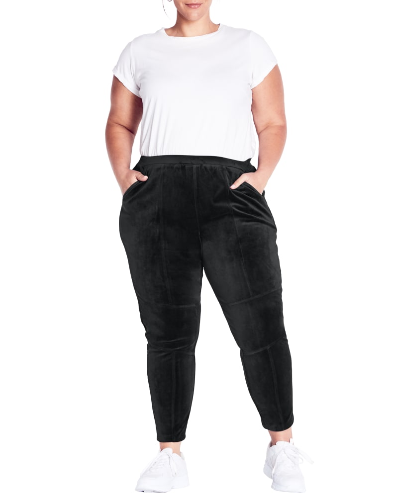 Front of a model wearing a size 14 PANT VELOUR PANEL in Slate by Zim & Zoe. | dia_product_style_image_id:300252